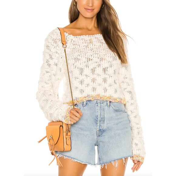 Free People West Palm Sweater Cream Multi Color Trim Small - Picture 5 of 11